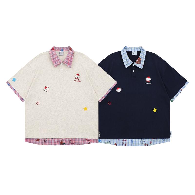 Other - T シャツ メンズ 短袖 トップス 綿 素材 刺繍 犬 プリント 格子 柄 切り替え デザイン 偽ツー ピース スタイル 翻領 袖 ルーズ フィット 夏 シーズン ブルー グレー 色 動物 モチーフ 刺繍 加工 色落ち 耐性 高 青少年 向け 休日 着用