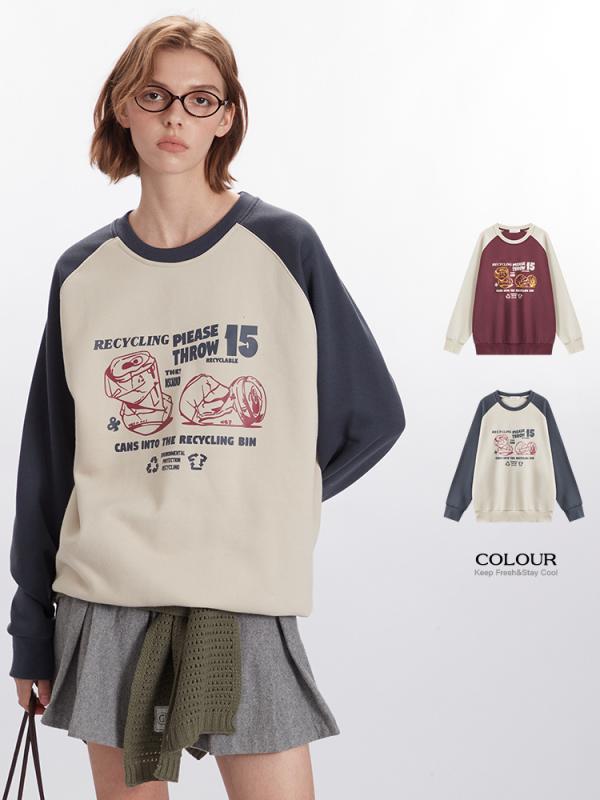 Collaboration - メンズ スウェット トップス 秋冬 長袖 ラウンドネック ルーズフィット ビンテージ風 プリント 柄 情侣 デザイン 切り替え 色 酒紅 杏 通勤 日常 ユース ポピュラー ポリエステル コットン ブレンド 素材 青少年 向け 秋 シーズン スタイル