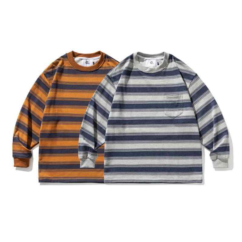 Rakuten - メンズ スウェット トップス 丸首 長袖 ゆったり 綿素材 条紋柄 徽章 立体ポケット 春季 オレンジ グレー 休闲 カジュアル 青少年向け