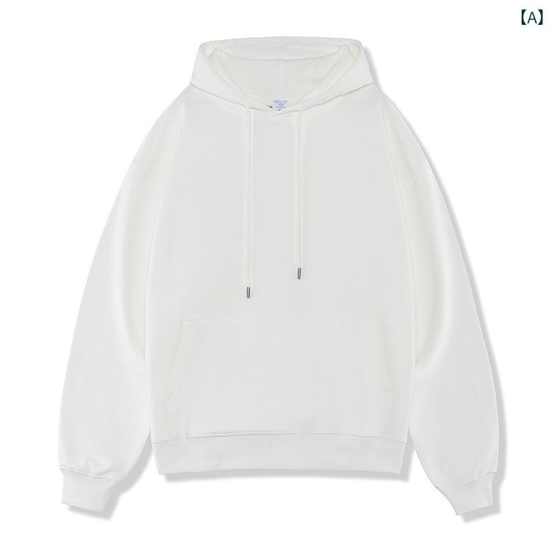 Collaboration - メンズ フーディ 長袖 連帽 綿 裏起毛 純色 ワイド シルエット 丸首 袋鼠ポケット 収口袖 春 秋 冬 ユース ラフスタイル 白色 黒 杏 グレー ゆったり 暖か 軽量 カジュアル 普段使い 休日 ストリート