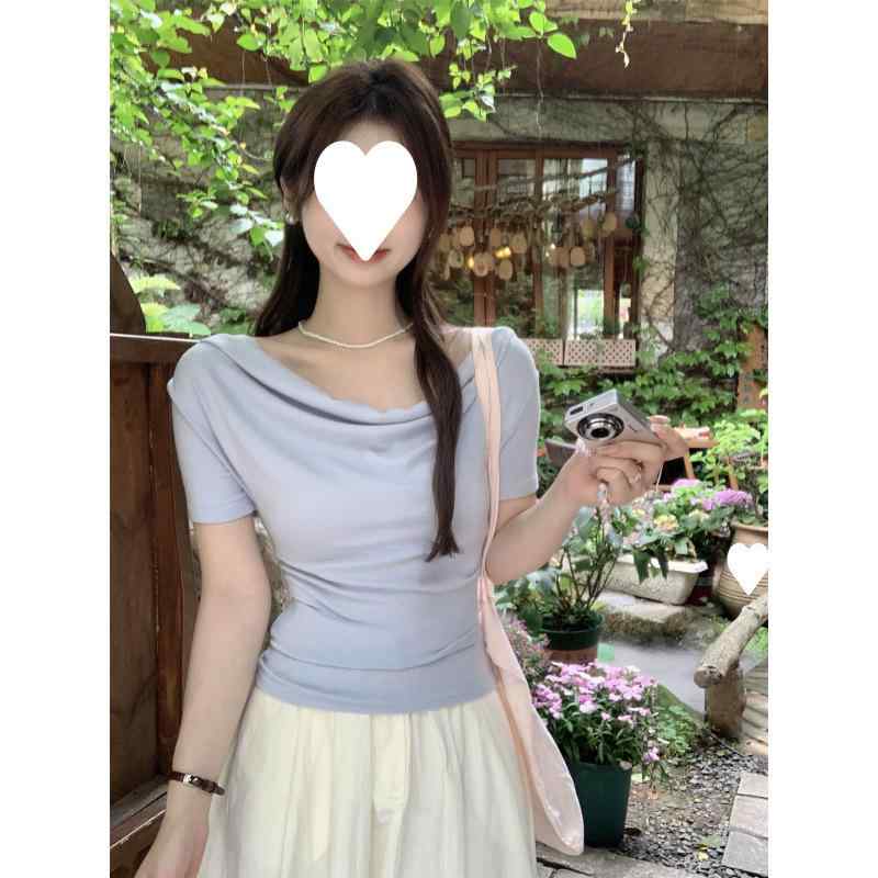 トップス レディース オフショルダー Tシャツ 春夏 褶曲 スリム ショート丈 7色展開 フレンチガーリー・カテゴリ: Tシャツ・素材: ポリエステル・柄: 無地・スタイル: 通勤向け・袖丈: 半袖・加工: 形態安定・シルエット: スリムフィット・ネックライン: オフショルダー・袖のタイプ: ドロップショルダー・流行の要素: 無地、プリーツ・カラー展開: ブルー, ブラック, ホワイト, ピンク, グレー, ブラウン, アプリコット・サイズ展開: S, M, L, XL