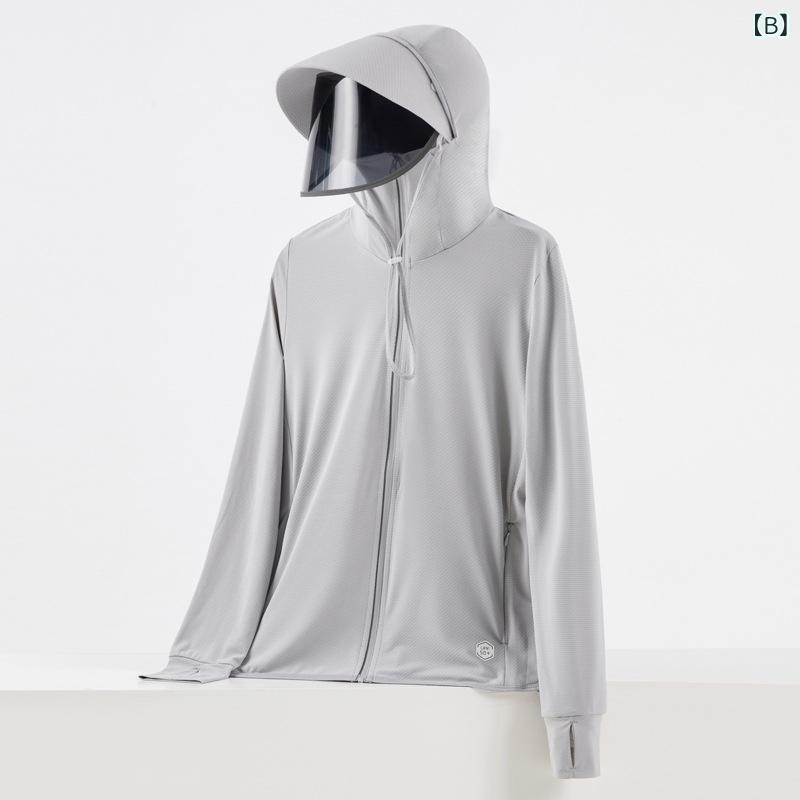 リメイクバディーの防晒服 メンズ レディース 夏用 透気 速乾 超軽量 連帽 フード脱着可 UPF50+ ポリエステル モノトーン 深灰 宝石藍 白 浅紫 浅藍 ピンク 徒歩 釣り 登山 サイクリング 野営 アウトドア 風衣｜アングル3