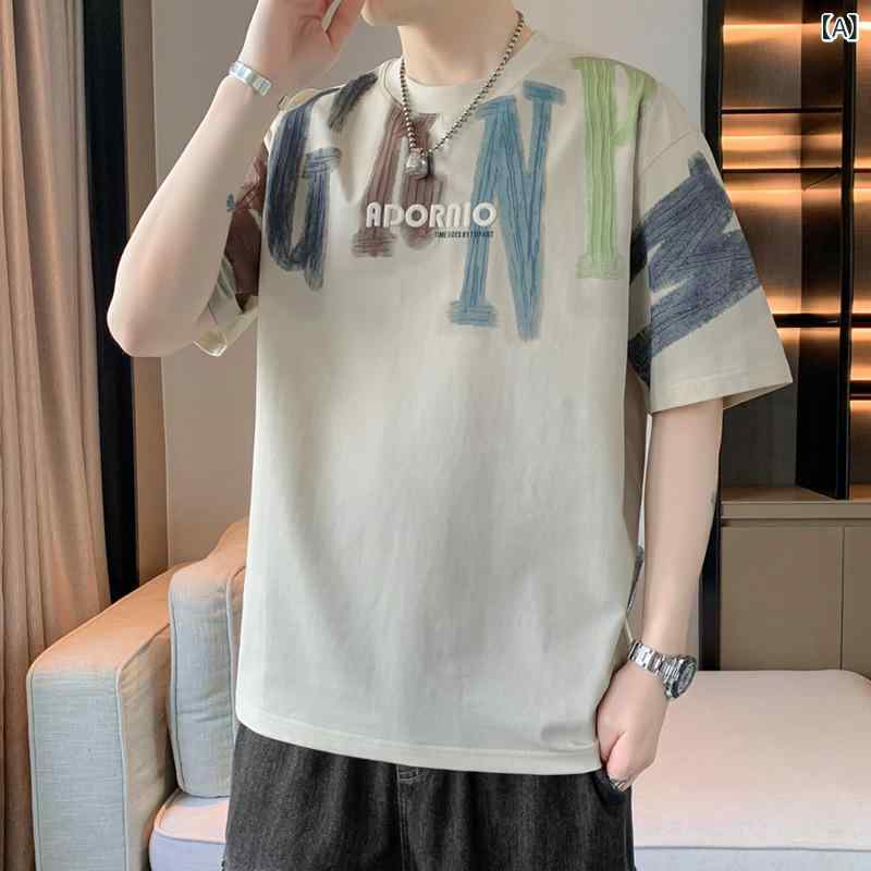 乐天商城 - Tシャツ メンズ 短袖 丸首 韓国風 プリント 薄手 通気性 吸湿速乾 米黄色 白 黒 米黄色 白色 黒色 夏 春夏 コットン ポリエステル 合体型 袖口 裾 ライン スタンダード シルエット フィット 感 軽量 速乾 素材 デイリー アクティブ ウェア