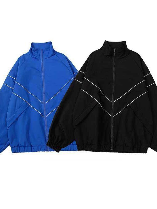 ジャケット メンズ レディース 秋冬 ユニセックス ポリエステル 100% 立襟 ラップトップ ジッパー 無帽 普通厚 ソリッドカラー ルーズフィット 長袖 直裾 サイドポケット バッジ 免アイロン加工 日常 春秋 黒 青 青少年 成人 黒 日常着 軽量