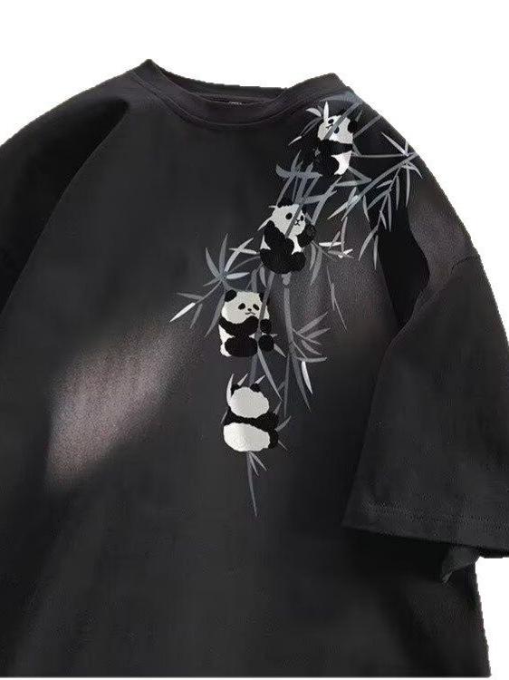 乐天商城 - Tシャツ メンズ 竹子柄 熊猫プリント 短袖 綿100% ゆったりシルエット 黒 白 赤 透気性 日常 春夏秋