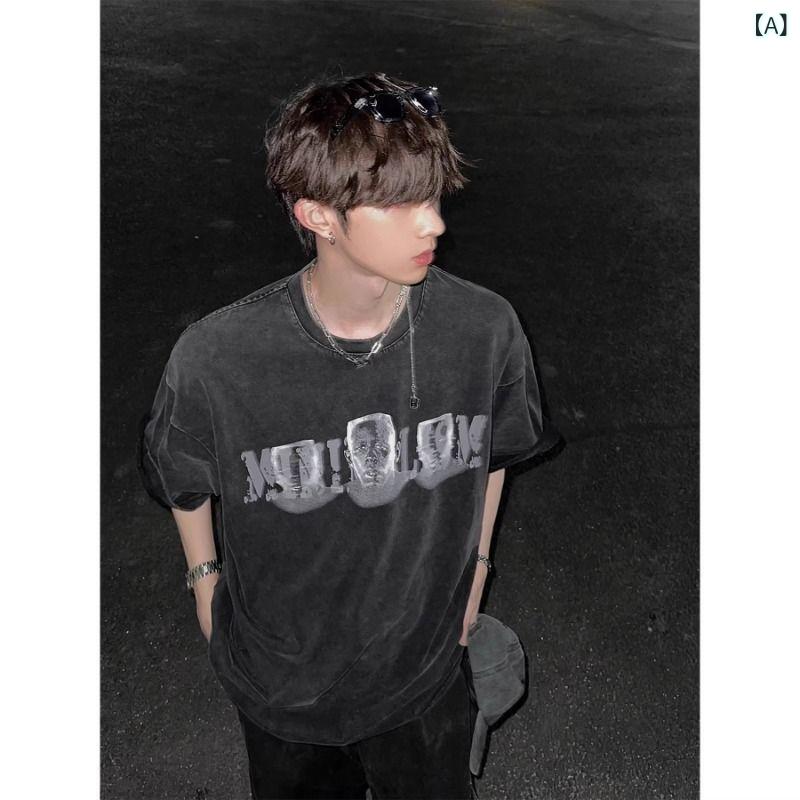 Rakuten - メンズ Tシャツ 短袖 綿 素材 丸首 ゆったり シルエット 黒 プリント デザイン 透気性 吸湿速乾 機能 夏 春 秋 シーズン 青少年 向け 休日 服装 カジュアル スタイル 創造的 ファッション