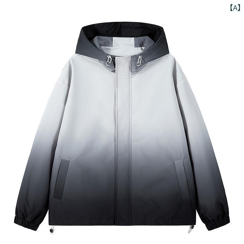 Wind Breaker - フーディ ジャケット メンズ レディース 男女兼用 防風 防滴 グラデーション ツートン 秋冬 薄手 ゆったり 長袖 化学繊維 混紡 ポリエステル 耐摩耗 黒 天藍 ピンク 青少年 成人 青春 流行 休闲 スポーツ アウトドア キャンプ ハイキング 雨風