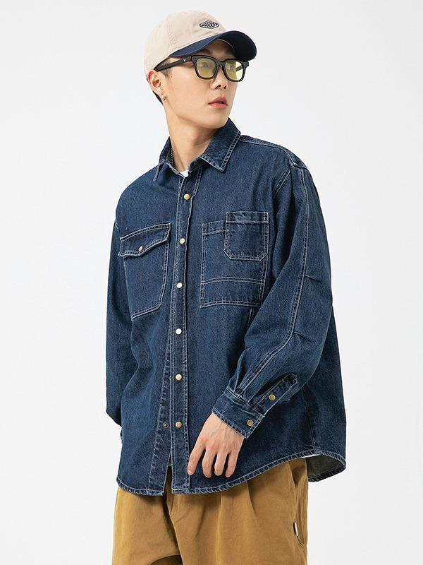 樂天商城 - メンズ シャツ トップス 黒 牛仔風 長袖 開襟 ゆったり シルエット ポケット ステッチ ポリエステル ポリエステル95% 免燙 春秋 春夏 秋冬 カジュアル 普段使い 通勤 港風 青春 青少年 18-24歳 黒 紺 ゆったり 快適 軽量 伸縮性