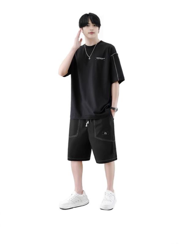 Wear - メンズ 短袖 Tシャツ 短パン セット 夏季 薄手 速乾 涼しい ポリエステル 黒 白 灰 ゆったり 大きいサイズ 休闲 トレンド スポーツ ベースボール 日常使い