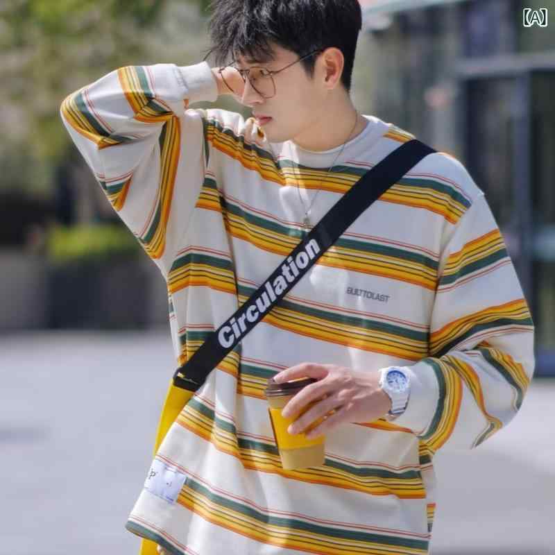 Rakuten - メンズ Tシャツ 長袖 ストライプ柄 ゆったりシルエット コットン風 ポリエステル 混紡 ラグドスタイル ストリートファッション ユニセックス レディース トップス 秋冬 春夏 イエロー ブルー 丸首 基本袖 休闲 青春スタイル 18-24歳向け