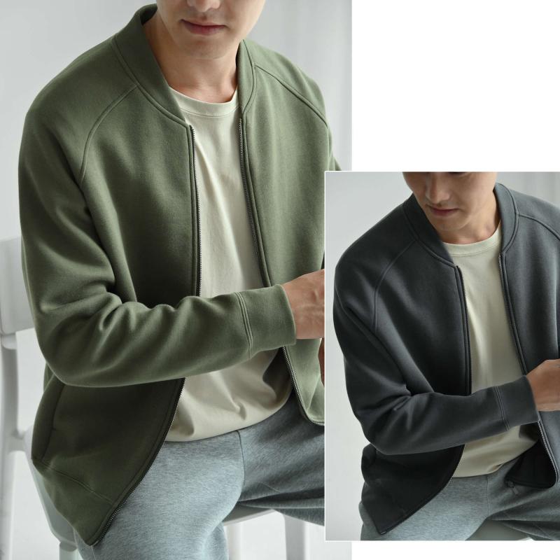 Rakuten - メンズ ジャケット 野球風 外套 立襟 ゆったり スポーツ カーディガン 男装 合体 ジッパー 無帽 普通厚 無地 綿 長袖 挿肩袖 側縫いポケット 斜め裾 日常使い 青年向け シンプル 春季 秋季 ミルクカラー 深グレー グレーグリーン