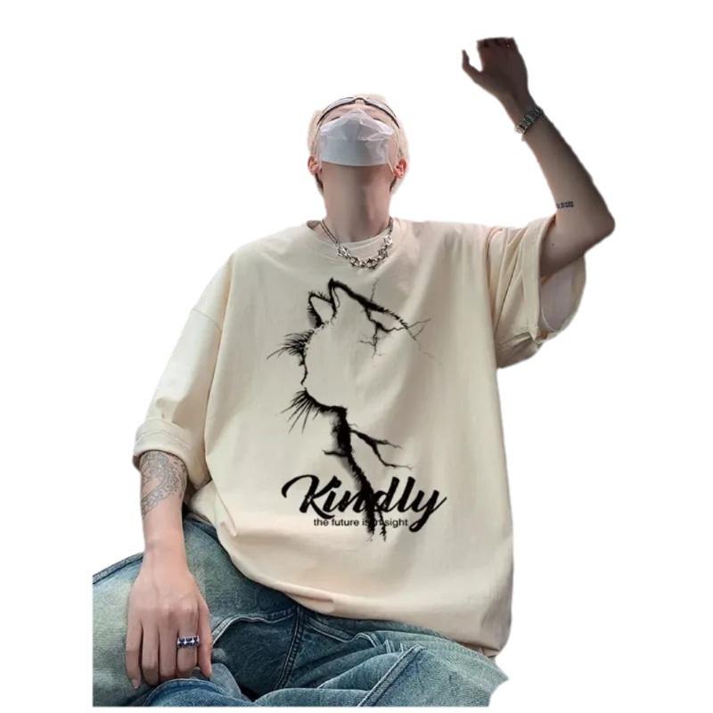 樂天商城 - Tシャツ メンズ レディース 親子 情侣 韓国風 トレンド ゆったり プリント 半袖 コットン 素材 透気性 休闲 カジュアル 抽象柄 落肩袖 丸首 夏 白色 灰色 黒 杏色 シティボーイ スタイル 青少年向け 日常使い 軽量 伸縮性 ビッグシルエット