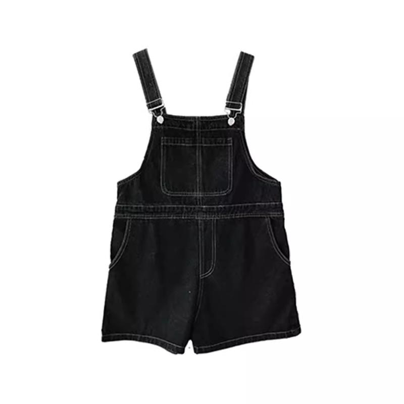 サロペット レディース 黒 デニム ワイドパンツ 短め 小柄 夏