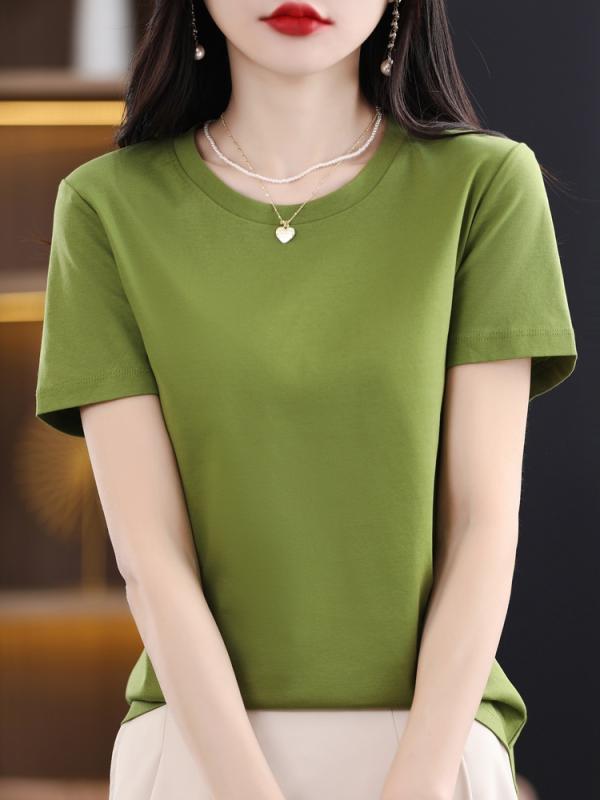 乐天商城 - Tシャツ レディース 綿100% 半袖 丸首 ゆったり 無地 通気性 伸縮性 軽量 通勤 カジュアル かわいい きれいめ おしゃれ 夏 春夏