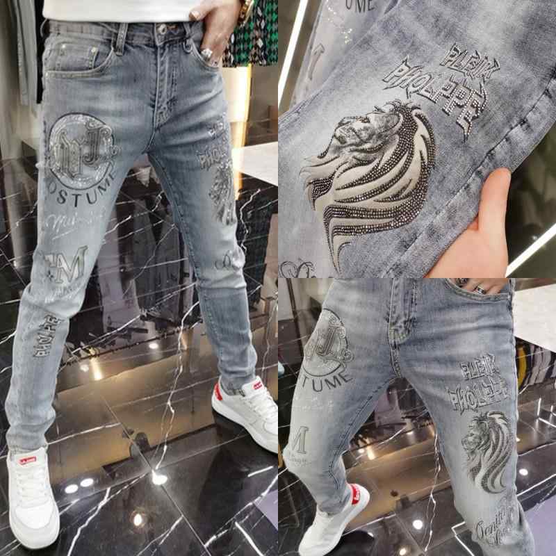 樂天商城 - 春夏季 弾力 デニムパンツ メンズ 水洗 烫钻 印花 休闲 帅气 修身 小脚长裤