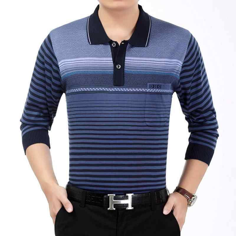 トップス Tシャツ 春秋 長袖 翻領 男性用 桑蚕丝 条纹 宽松 休闲 中老年 日常 商务...