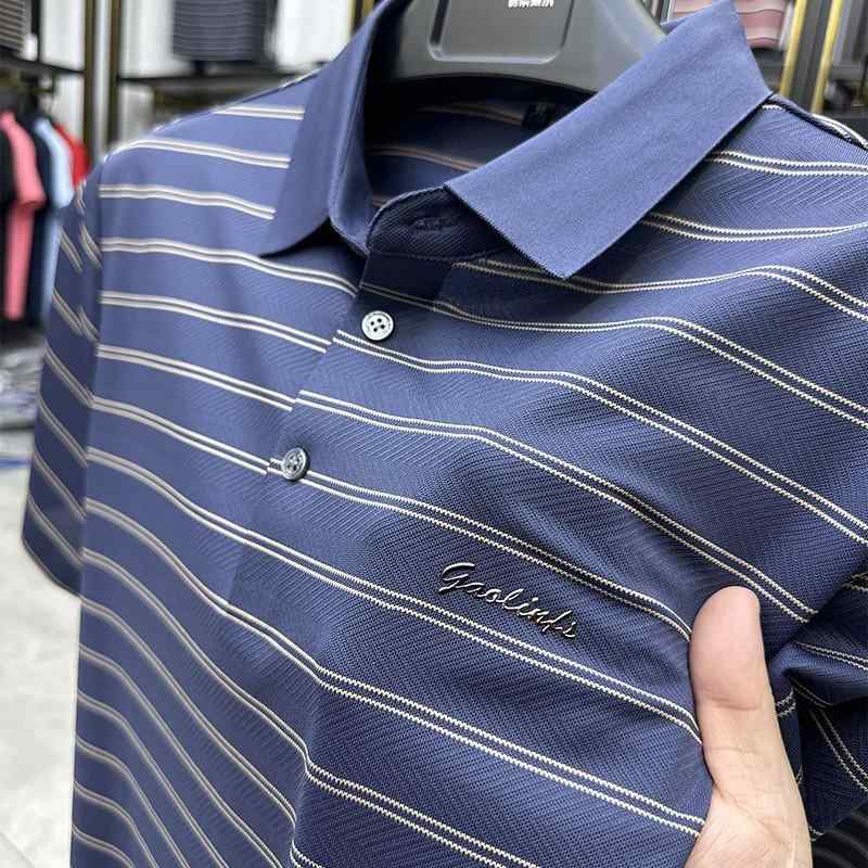 Tシャツ メンズ 半袖 ポロシャツ 夏物 中年 男性用 ストライプ柄 緑 青 灰色 M L XL 2XL 3XL 4XL breathable wrinkle resistant durable moisture wicking durable