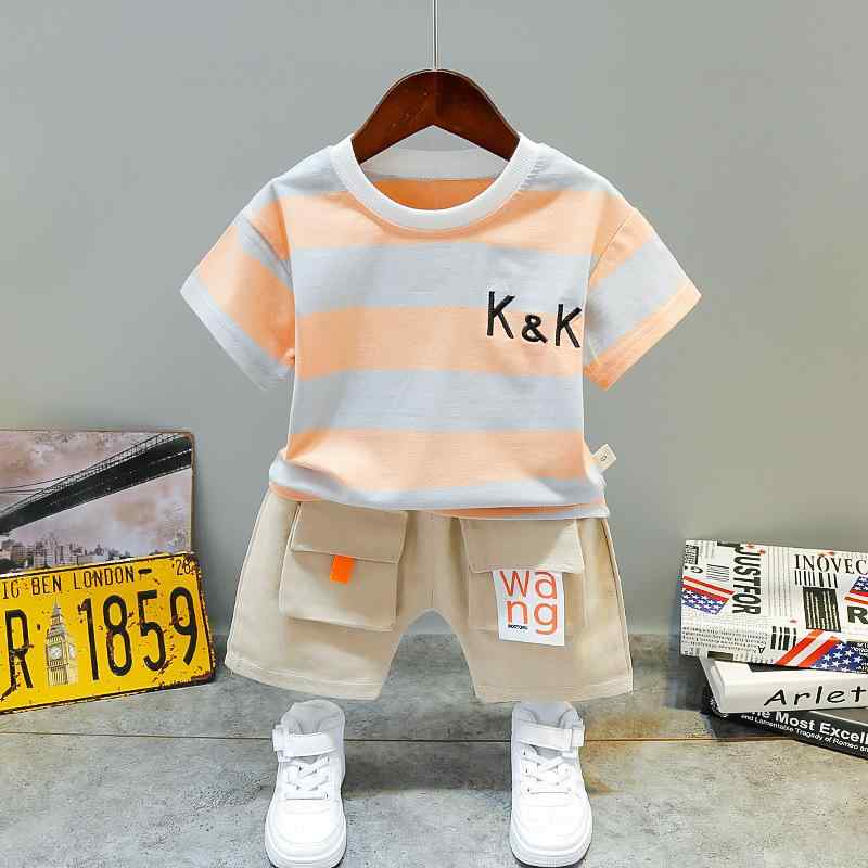 男の子 子供服 夏服 半袖 Tシャツ ハーフパンツ セットアップ ストライプ 短パン セットアップ 潮風 1-3歳 80-100cm 綿100% 薄手洗い加工 薄手 2022年 夏
