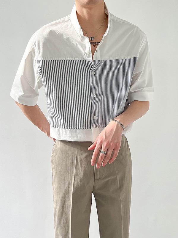 樂天商城 - シャツ メンズ 薄手 韓国風 ゆったり 紳士服 5分袖 カジュアルシャツ ストライプ 切り替え 春夏