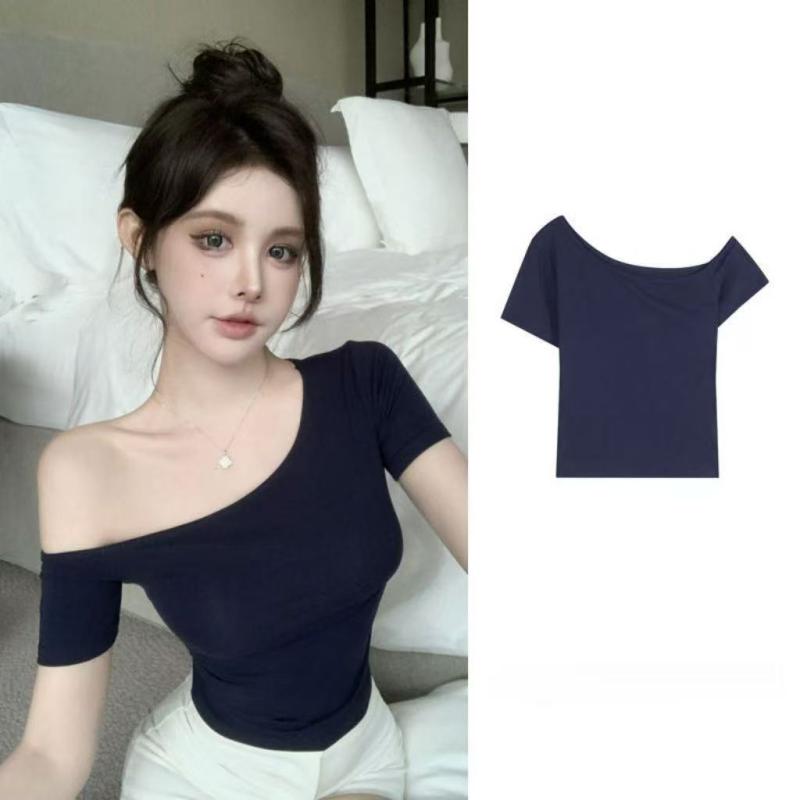 Tシャツ 斜め肩 不規則 短袖 Tシャツ レディース 春夏 チュニック トップス かわいい おしゃれ きれいめ 大人 上品 フェミニン エレガント モダン クラシック カジュアル フォーマル カジュアル 普段使い 通勤用 通勤用 部屋着 アウトドア用 軽