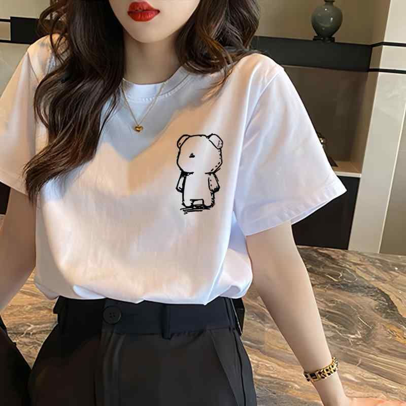 Tシャツ レディース 白 綿100 半袖 学生 韓国風 ゆったり カジュアル 夏物 幾何柄 トップス