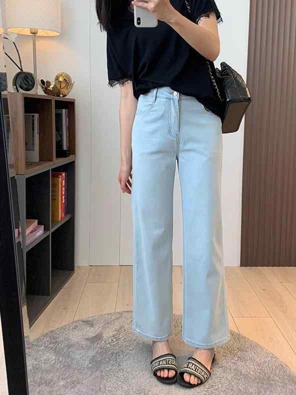 夏 薄い デニムパンツ レディース ハイウエスト 快適 ストレートパンツ 長ズボン