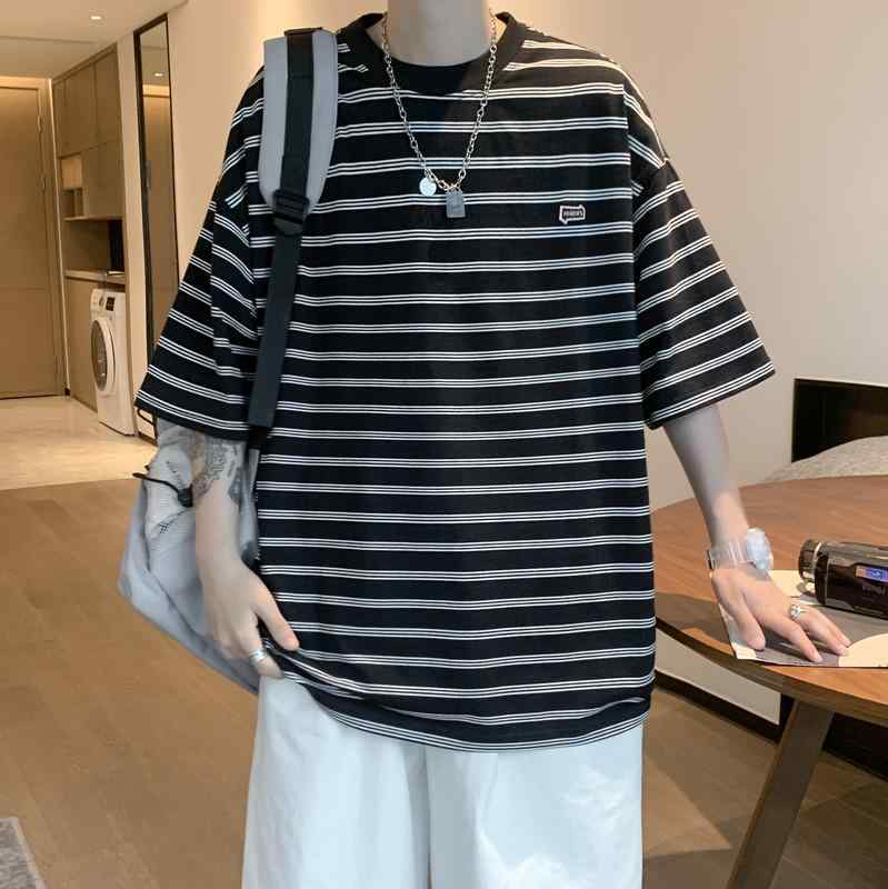乐天商城 - Tシャツ メンズ 半袖 ストライプ ゆったり カジュアル 春夏用 宽松型