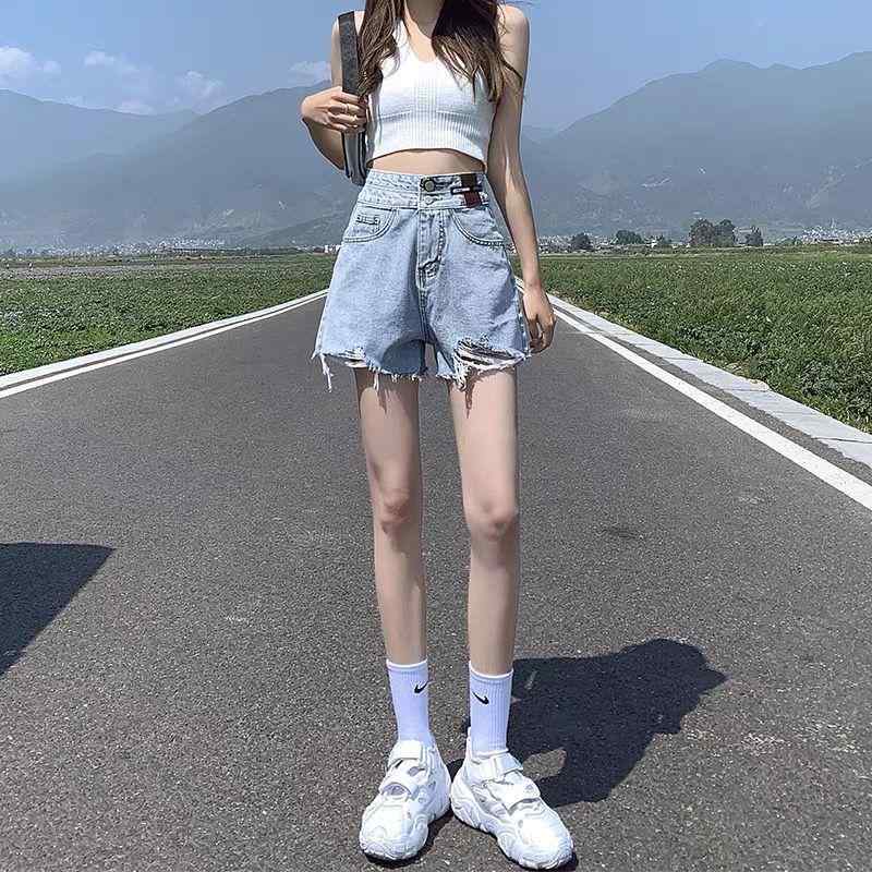 high waist denim shorts women spring summer new loose Korean style slimming versatile a-line ripped wide leg hot pants