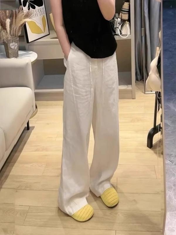 ワイドパンツ レディース 亜麻 リネン 白 ホワイト ハイウエスト ストレート ゆったり 垂感 涼感 薄手 部屋着 カジュアル 春夏用