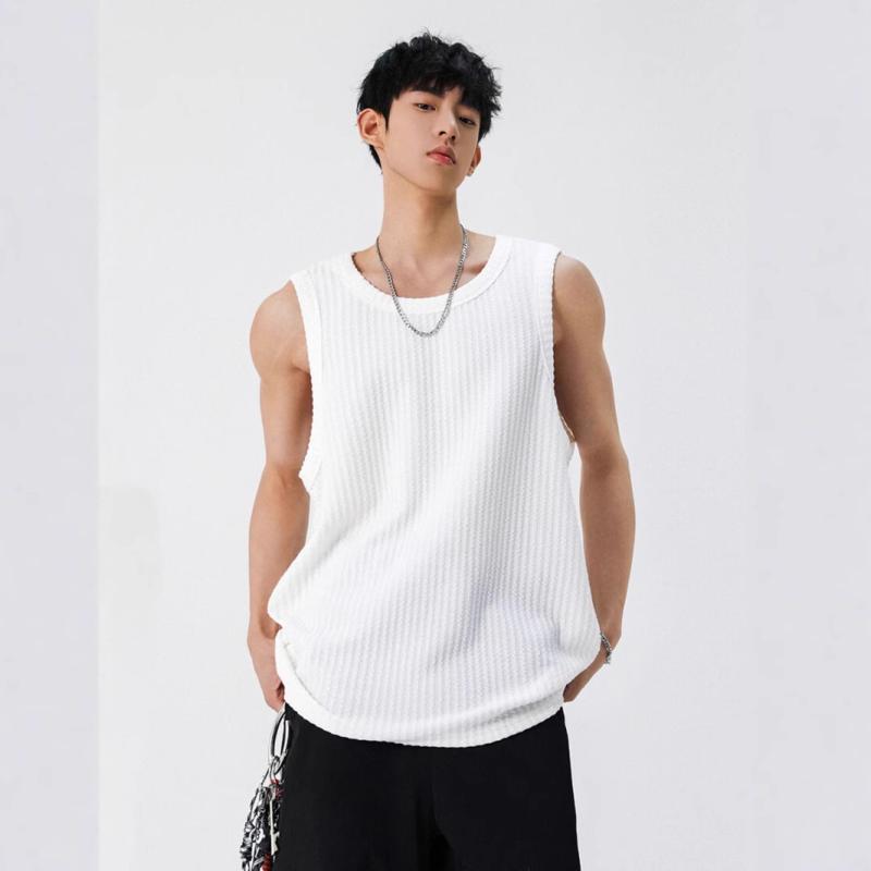 肌理感 白色 タンクトップ メンズ 夏 简约 潮流 跨栏 砍肩 宽松 休闲 无袖 Tシャツ