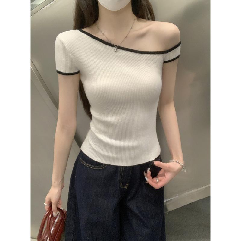 ニット トップス 斜めネック バイカラーデザイン 伸縮性 夏服 レディース