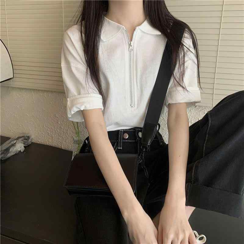 Tシャツ レディース 半袖 白 POLO領 半袖 短い丈 ジッパー カジュアル シンプル 夏 韓流 普段使い きれいめ compris une largeur de 4-5 mm
