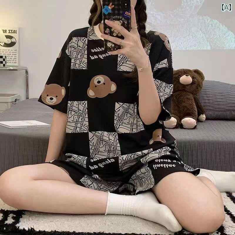 3件套 - 女性 用 パジャマ、 夏 用 半袖 ショーツ、 女性 用 漫画 カジュアル 薄手 スタイル、 屋外で 着用 可能、 女の子 用 夏 用 ホームウェアセット