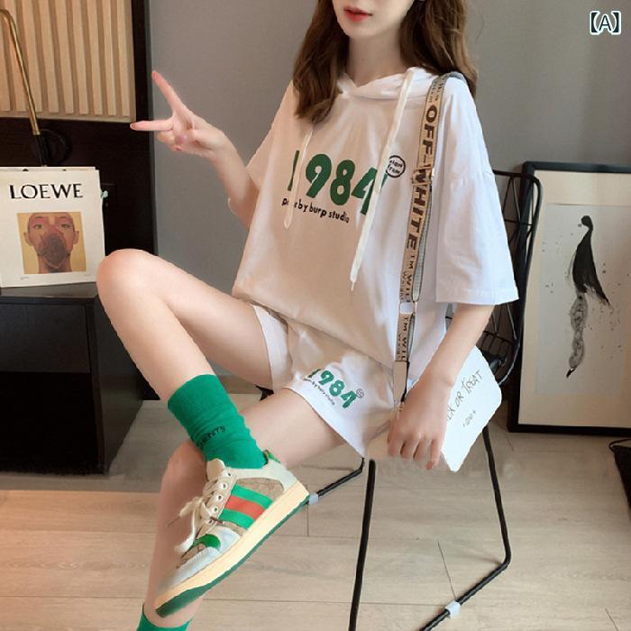 スポーツ パンツ セット 女性 2022 夏の 新型 ファッション ゆるい 韓国 版 フード 付き 半袖 ガードル カジュアル 2 点 セット
