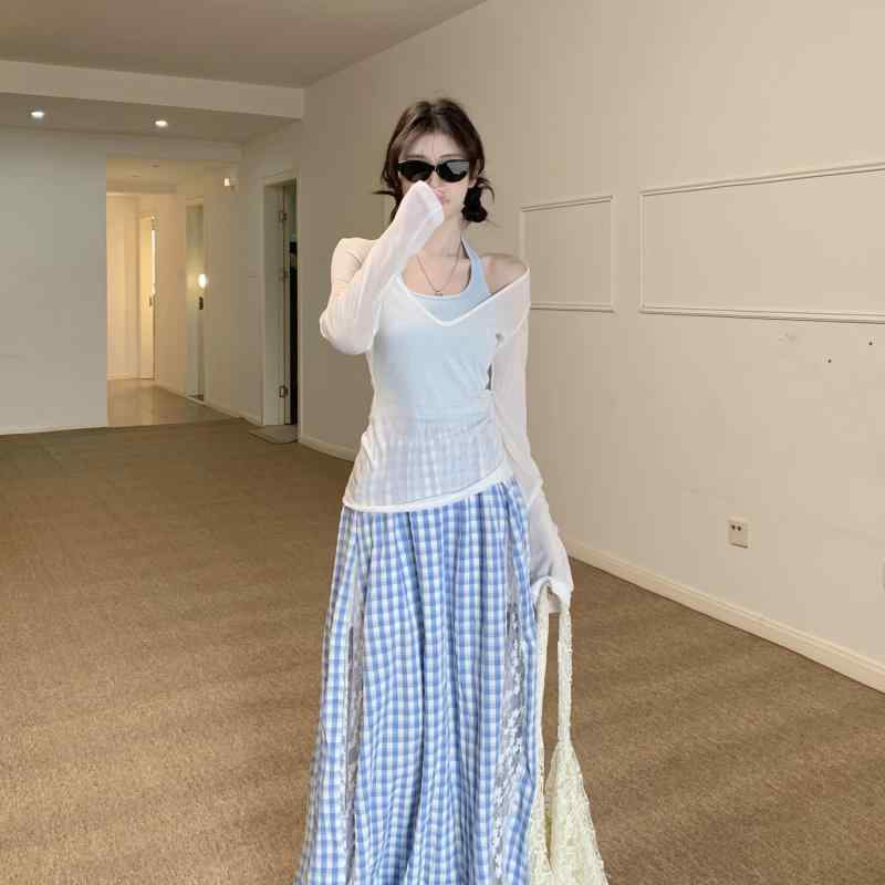 Three-Piece Set - トップス セットアップ レディース Vネック レース 切り替え 格子柄 スカート 膝丈スカート 3点セット ホワイト系