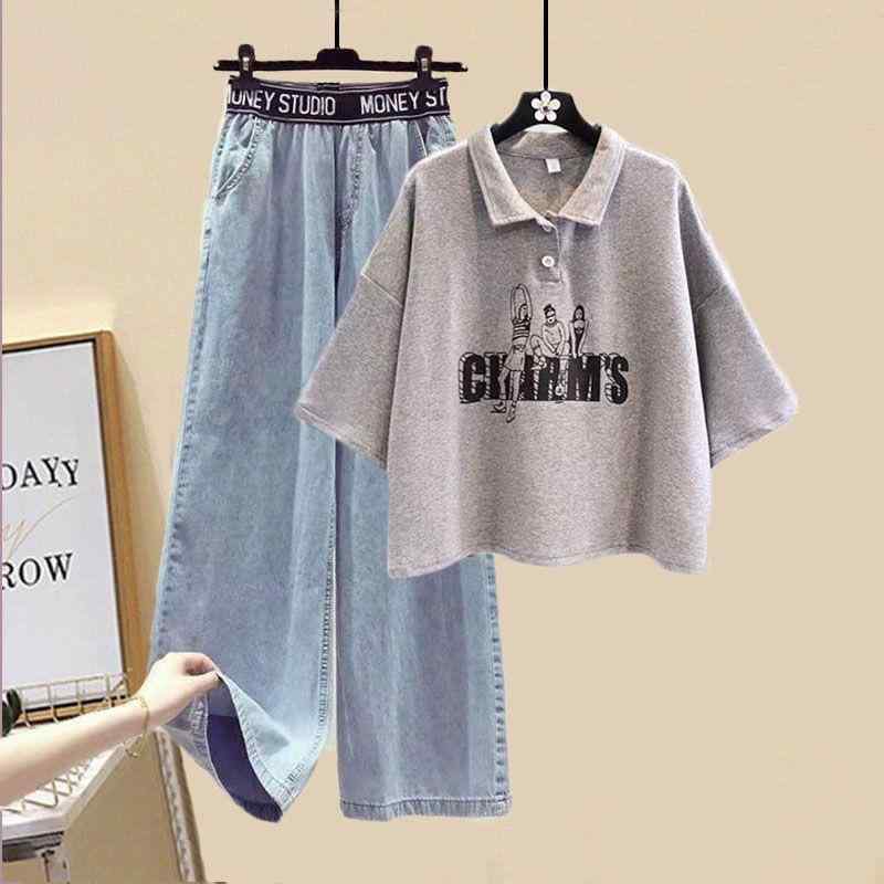 トップス デニムパンツ カジュアルセットアップ レディース 春夏 学院風 Tシャツ 学院風 宽松 七分袖 学院風 阔腿裤 普段使い 普段使い 普段使い