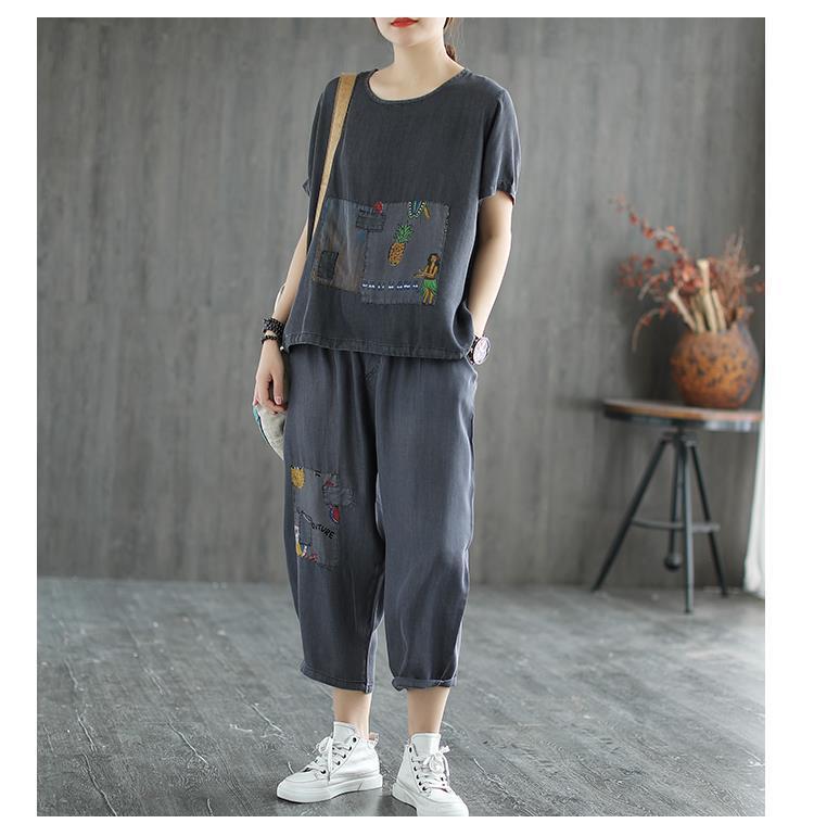 カジュアルセットアップ レディース 幾何柄プリント 半袖トップス 九分丈パンツ テーパードパンツ 2点セット 楽ちん ゆったり 普段使い..