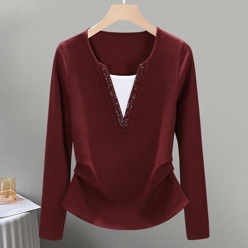 トップス レディース 重ね着風 インナー アンゴラ レッド系 長袖 ビーズ装飾 エレガント レイヤード カジュアル 大人かわいい 上品 通勤 普段使い 秋 冬・柄: 無地・袖丈: 長袖・カラー展開: ブラック、グレー、レッド・サイズ展開: M、L、XL、2XL、3XL、4XL・スタイル: コンサバ、きれいめ・カテゴリ: Tシャツ
