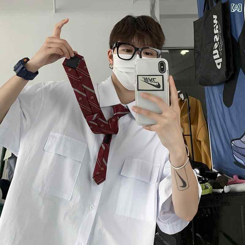 トップス カジュアルシャツ メンズ 半袖シャツ 純色シャツ 工装シャツ 港風シャツ 文芸シャツ 学生シャツ レイヤードシャツ 春夏 2024年 白 黒 白 カーキ 霧青 豆緑 M L XL 2XL 3XL