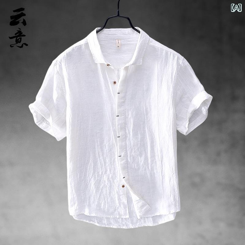 シャツ メンズ 半袖 麻混 薄手 涼しい カジュアル ビジネス 紳士服 男性用 普段使い 通勤 通学 夏 白 カーキ グレー 水色 M L XL XXL XXXL 4XL 5XL