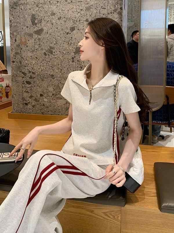 夏物 レディース 部屋着 接触冷感 伸縮性 綿混 トップス ワイドパンツ セットアップ 灰白