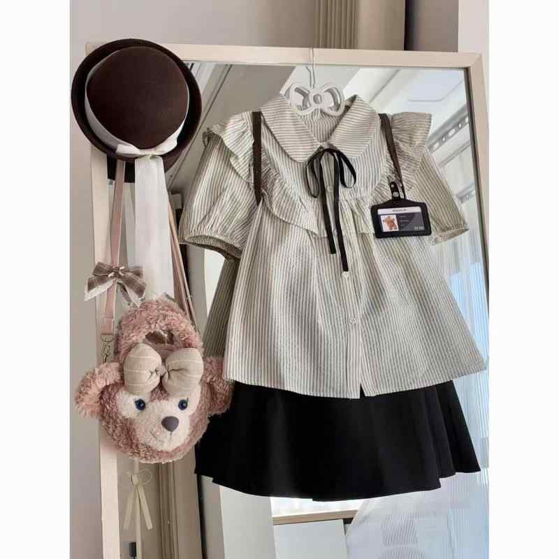 Three-Piece Set - トップス シャツ ブラウス レディース 春夏 半袖 ストライプ柄 Aライン スカート セットアップ カジュアル きれいめ カジュアル 普段使い 通勤用 清楚系 フェミニン かわいい おしゃれ かわいい 膝丈 ミモレ丈
