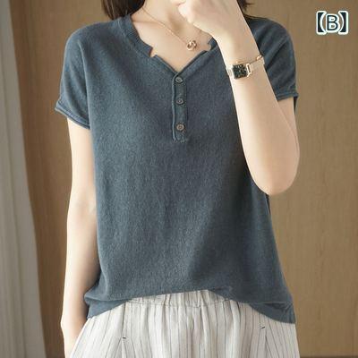 リメイクバディーのTシャツ Vネック 半袖 綿麻 トップス レディース 春夏 通年着用可能 大人かわいい おしゃれ きれいめ 上品 シンプル カジュアル デイリーユース オフィス 通勤用 通勤用 普段使い用 オフィス用 フォーマル用 部屋着用 アウトドア用 清新着｜アングル3