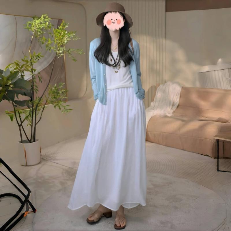 3件套 - トップス 3点セット レディース Tシャツ 膝丈スカート ニットカーディガン 春夏 カジュアル