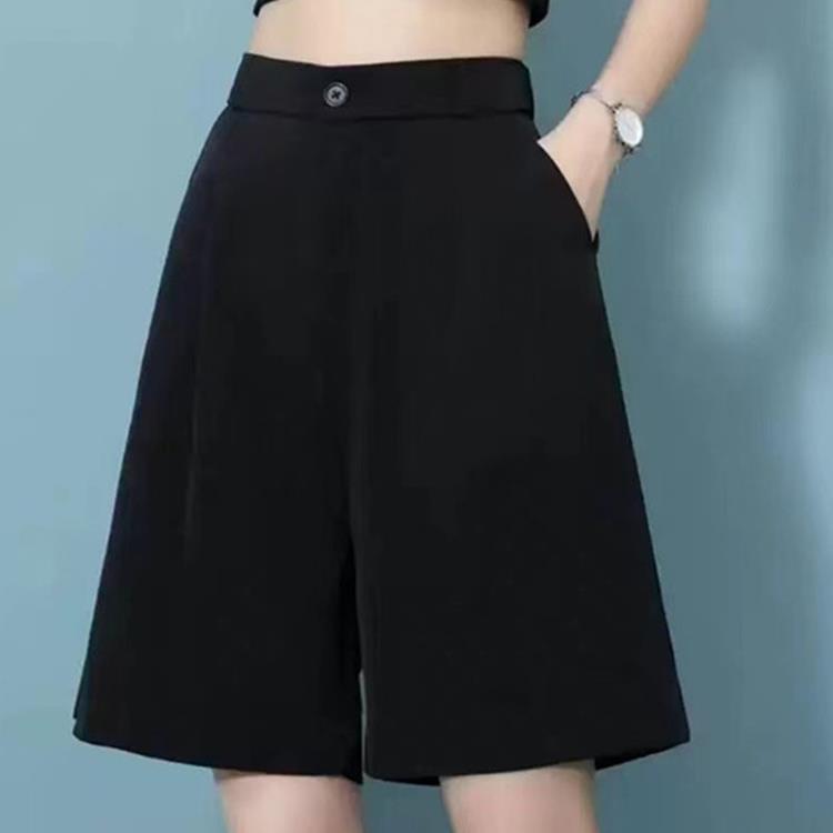 樂天商城 - ショートパンツ レディース 黒 薄手 Aライン 5分丈 ワイドパンツ ハイウエスト Mサイズ