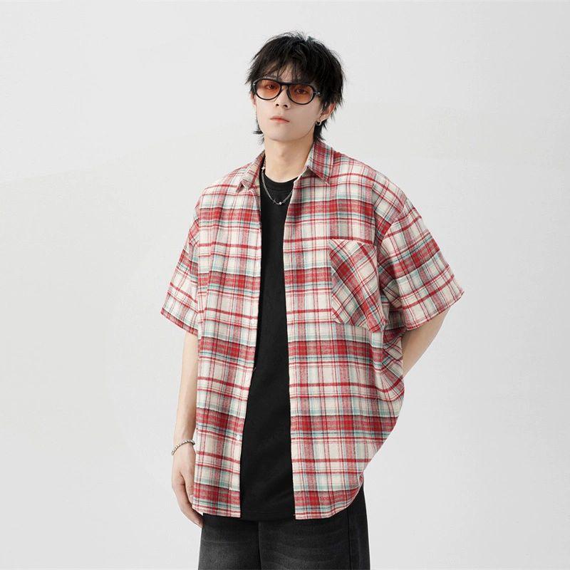 Rakuten - シャツ メンズ 格子柄 半袖 宽松型 翻领 聚酯纤维 日常 男性 camisetas