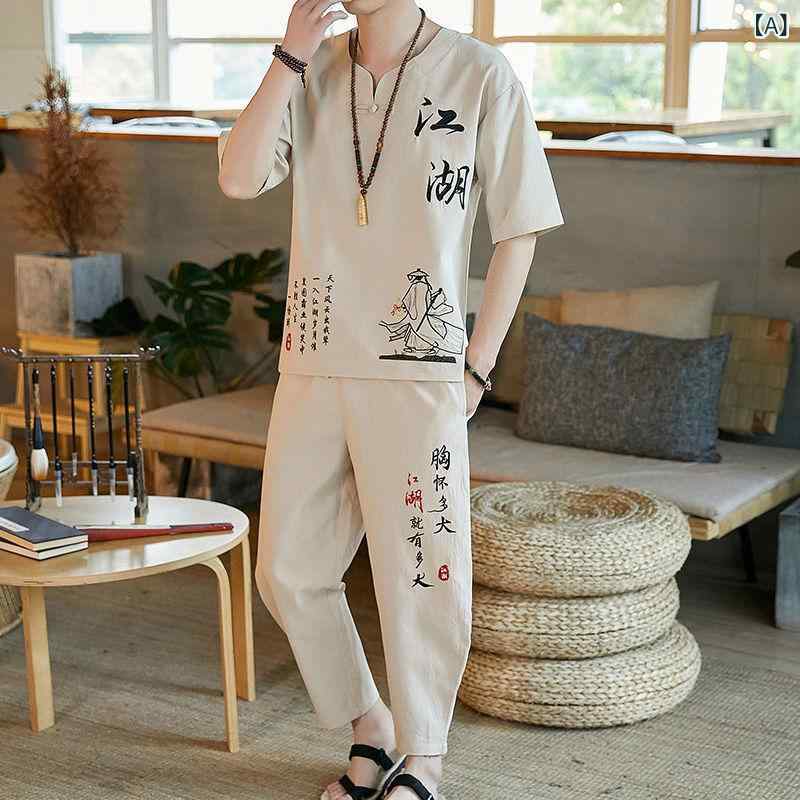 Jersey - メンズ カジュアルセットアップ 綿麻 半袖Tシャツ 九分パンツ 夏用 通気性