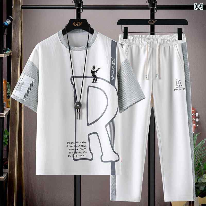 メンズ カジュアルウェア セットアップ 半袖Tシャツ 長ズボン 2点セット 快適 通気...
