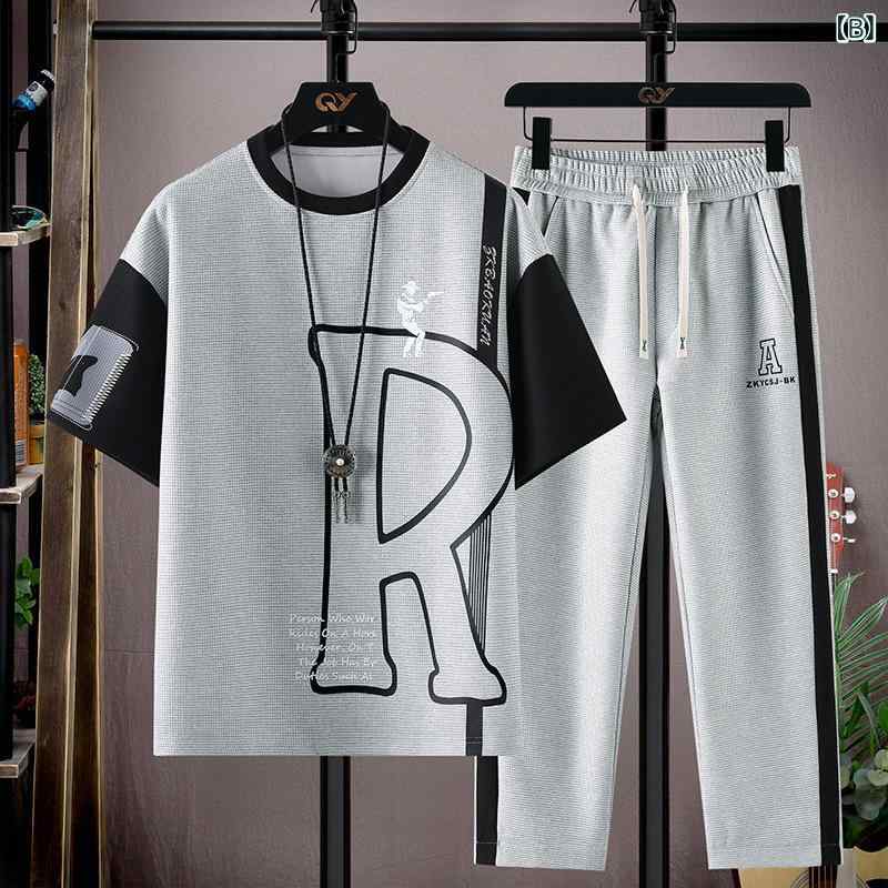 メンズ カジュアルウェア セットアップ 半袖Tシャツ 長ズボン 2点セット 快適 通気...