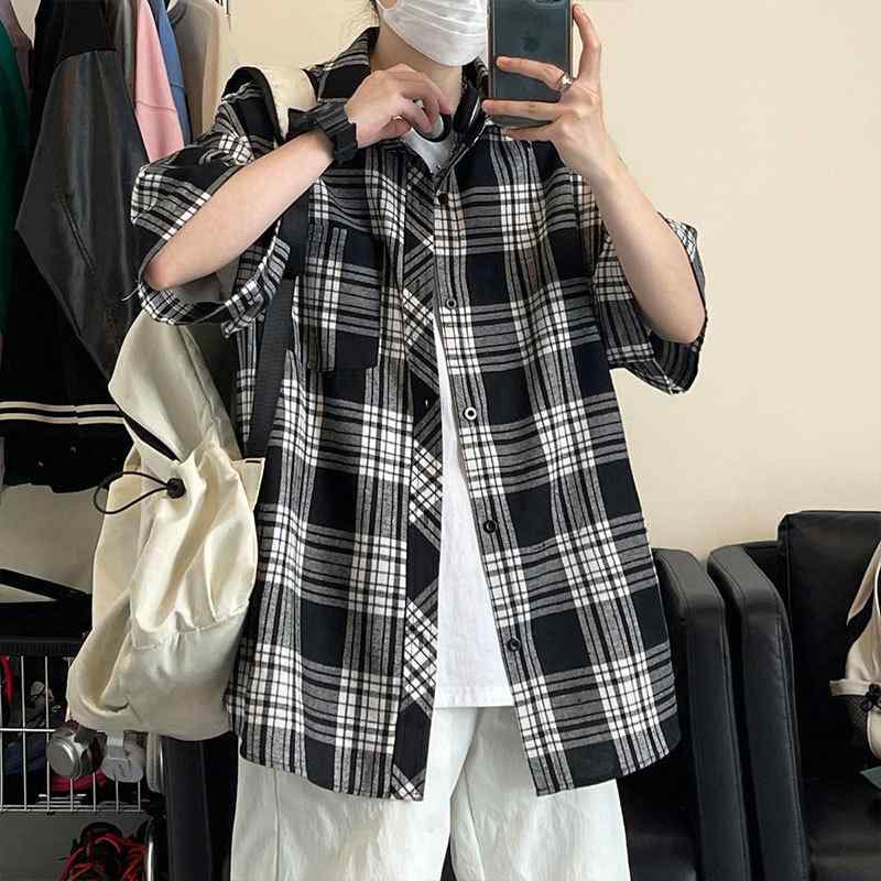 シャツ メンズ 格子柄 美式 カジュアルシャツ 潮牌 宽松 青少年 衣服 外套 短袖